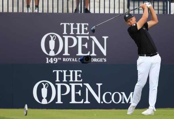 Amateur Mattias Schmid of Germany plays his shot from the first tee during Day One of The 149th Open at Royal St George’s Golf Club on July 15, 2021...