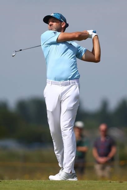Sergio Garcia of Spain plays his second shot on the 4th hole during Day One of The 149th Open at Royal St George’s Golf Club on July 15, 2021 in...