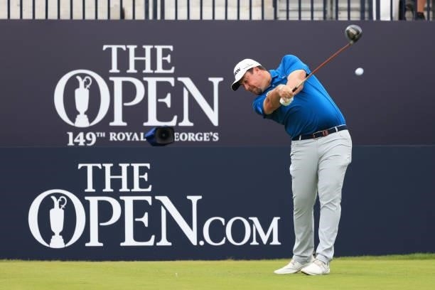 Jaco Ahlers of South Africa plays his shot from the first tee during Day One of The 149th Open at Royal St George’s Golf Club on July 15, 2021 in...