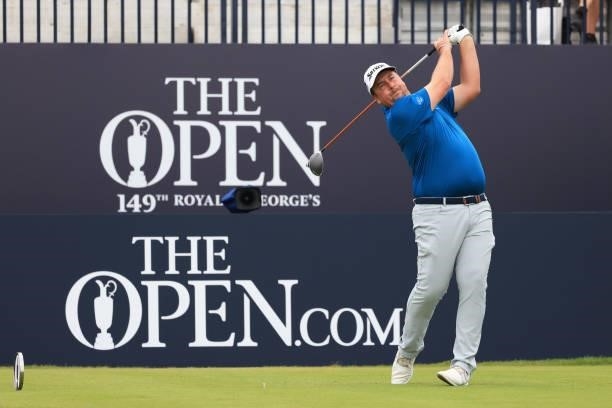 Jaco Ahlers of South Africa plays his shot from the first tee during Day One of The 149th Open at Royal St George’s Golf Club on July 15, 2021 in...