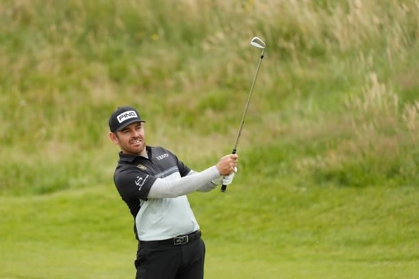 Louis Oosthuizen of South Africa plays a shot on the ninth hole during Day One of The 149th Open at Royal St George’s Golf Club on July 15, 2021 in...