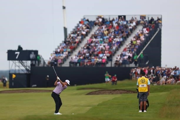 Justin Rose of England plays his third shot on the 7th hole during Day One of The 149th Open at Royal St George’s Golf Club on July 15, 2021 in...