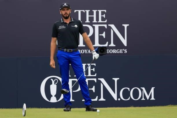 Troy Merritt of the United States plays his shot from the first tee during Day One of The 149th Open at Royal St George’s Golf Club on July 15, 2021...