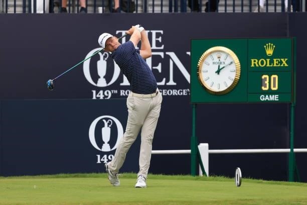 Adam Long of the United States plays his shot from the first tee during Day One of The 149th Open at Royal St George’s Golf Club on July 15, 2021 in...