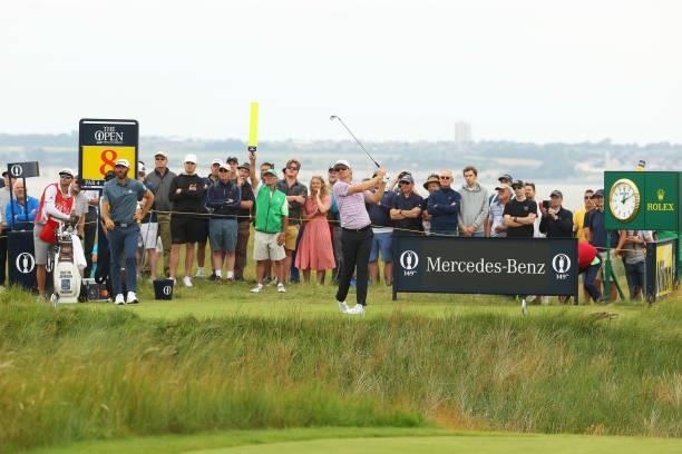 Justin Rose of England plays his shot from the eighth tee during Day One of The 149th Open at Royal St George’s Golf Club on July 15, 2021 in...