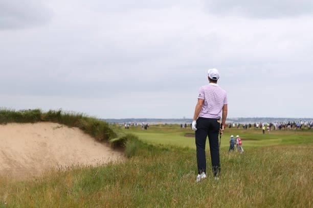 Justin Rose of England plays his second shot on the 7th hole during Day One of The 149th Open at Royal St George’s Golf Club on July 15, 2021 in...