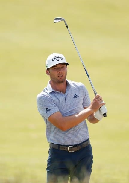 Talor Gooch of the United States plays a shot on the ninth hole during Day One of The 149th Open at Royal St George’s Golf Club on July 15, 2021 in...
