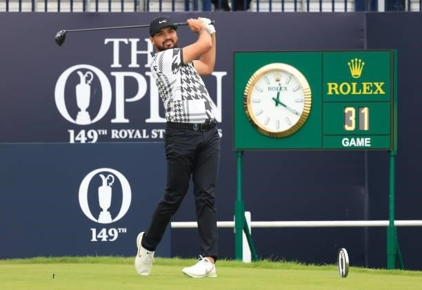 Jason Day of Australia plays his shot from the first tee during Day One of The 149th Open at Royal St George’s Golf Club on July 15, 2021 in...