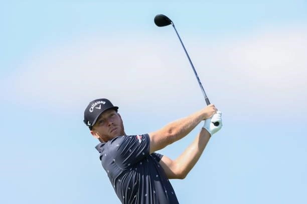 Talor Gooch of The United States tees off on the 5th hole during Day One of The 149th Open at Royal St George’s Golf Club on July 15, 2021 in...