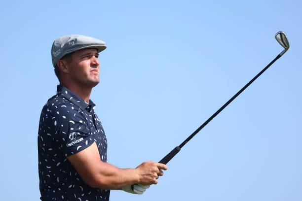 Bryson Dechambeau of The United States tees off on the 3rd hole during Day One of The 149th Open at Royal St George’s Golf Club on July 15, 2021 in...