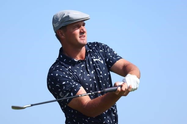 Bryson Dechambeau of The United States tees off on the 3rd hole during Day One of The 149th Open at Royal St George’s Golf Club on July 15, 2021 in...