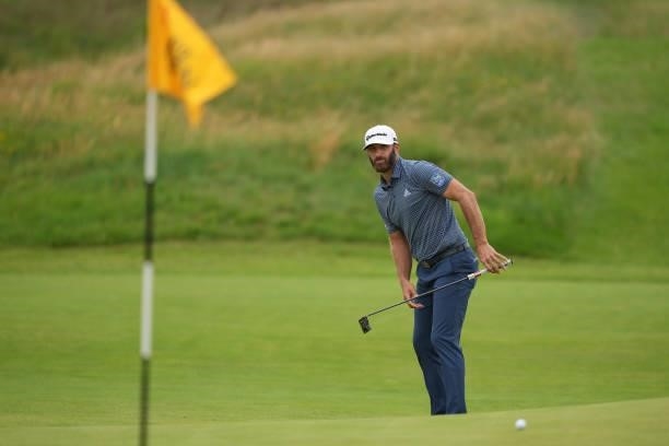Dustin Johnson of the United States looks on from the eighth hole during Day One of The 149th Open at Royal St George’s Golf Club on July 15, 2021 in...