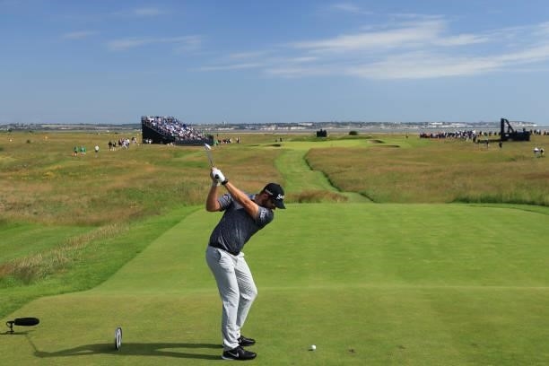Dean Burmester of South Africa tees off on the 11th hole during Day One of The 149th Open at Royal St George’s Golf Club on July 15, 2021 in...