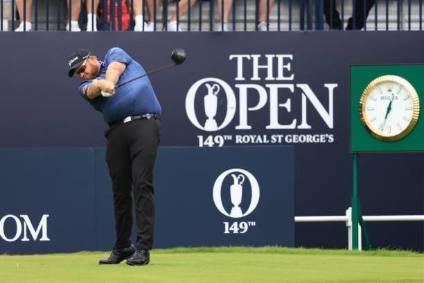 Aaron Pike of Australia plays his shot from the first tee during Day One of The 149th Open at Royal St George’s Golf Club on July 15, 2021 in...