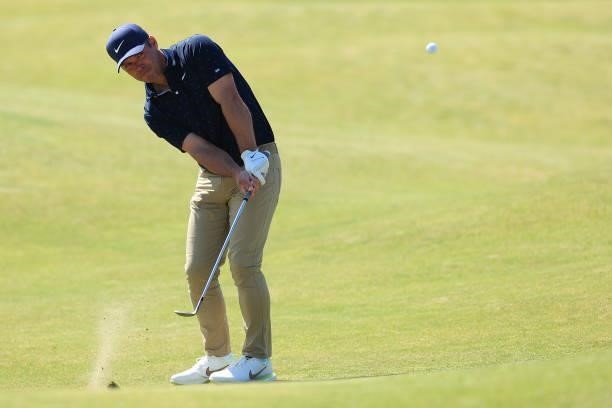 Paul Casey of England plays his third shot on the 12th hole during Day One of The 149th Open at Royal St George’s Golf Club on July 15, 2021 in...