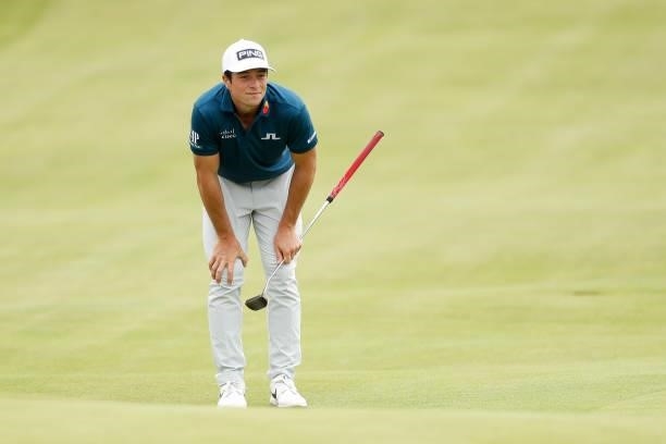 Viktor Hovland of Norway looks on from the green of the 18rh during Day One of The 149th Open at Royal St George’s Golf Club on July 15, 2021 in...