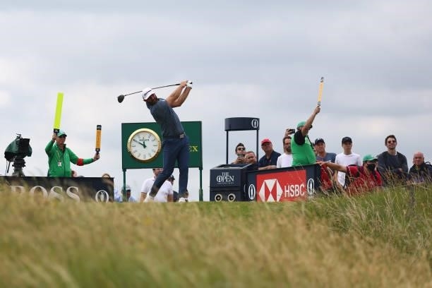 Dustin Johnson of The United States tees off on the 7th hole during Day One of The 149th Open at Royal St George’s Golf Club on July 15, 2021 in...