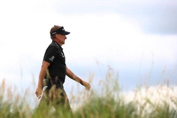Ian Poulter of England looks on from the 18th hole during Day One of The 149th Open at Royal St George’s Golf Club on July 15, 2021 in Sandwich,...