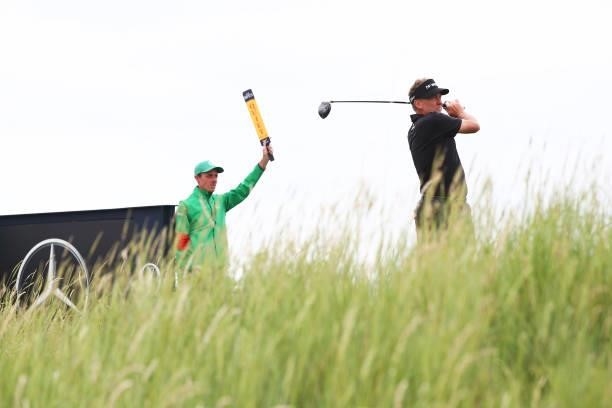 Ian Poulter of England plays his shot from the 18th tee during Day One of The 149th Open at Royal St George’s Golf Club on July 15, 2021 in Sandwich,...