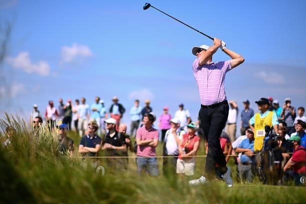 Justin Rose of England tees off on the 4th hole during Day One of The 149th Open at Royal St George’s Golf Club on July 15, 2021 in Sandwich, England.