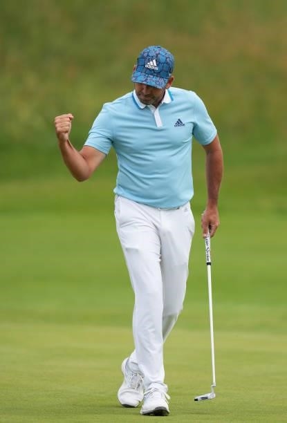 Sergio Garcia of Spain celebrates a birdie on the eighth hole during Day One of The 149th Open at Royal St George’s Golf Club on July 15, 2021 in...
