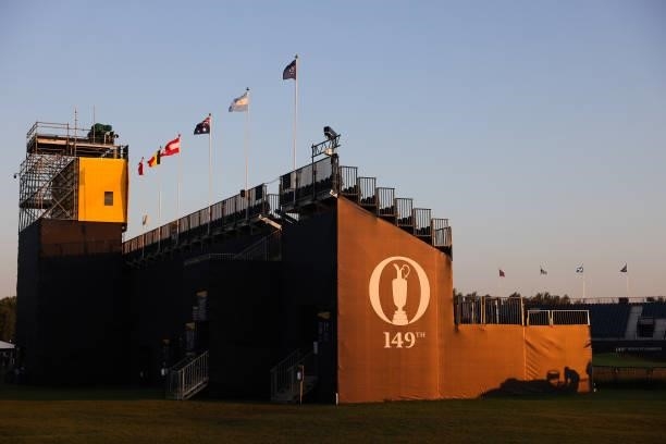 The grandstand on the 18th green is seen as the sun rise ahead of Day One of The 149th Open at Royal St George’s Golf Club on July 15, 2021 in...