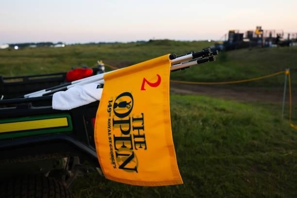 Flags are seen ahead of Day One of The 149th Open at Royal St George’s Golf Club on July 15, 2021 in Sandwich, England.