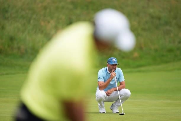 Sergio Garcia of Spain lines up a shot on the eighth hole during Day One of The 149th Open at Royal St George’s Golf Club on July 15, 2021 in...