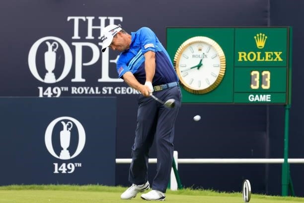 Padraig Harrington of Ireland plays his shot from the first tee during Day One of The 149th Open at Royal St George’s Golf Club on July 15, 2021 in...