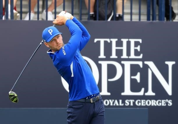 Sam Forgan of England plays his shot from the first tee during Day One of The 149th Open at Royal St George’s Golf Club on July 15, 2021 in Sandwich,...