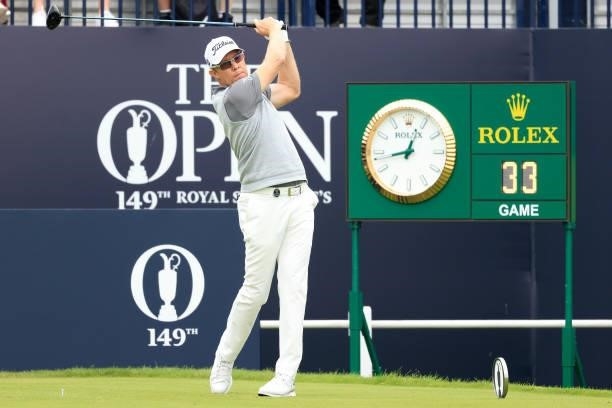 Brad Kennedy of Australia plays his shot from the first tee during Day One of The 149th Open at Royal St George’s Golf Club on July 15, 2021 in...