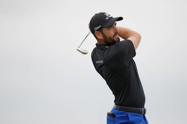 Troy Merritt of the United States plays his shot from the third tee during Day One of The 149th Open at Royal St George’s Golf Club on July 15, 2021...