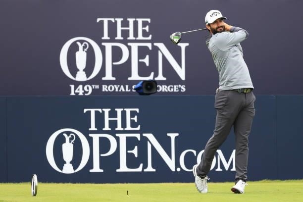 Adam Hadwin of Canada plays his shot from the first tee during Day One of The 149th Open at Royal St George’s Golf Club on July 15, 2021 in Sandwich,...