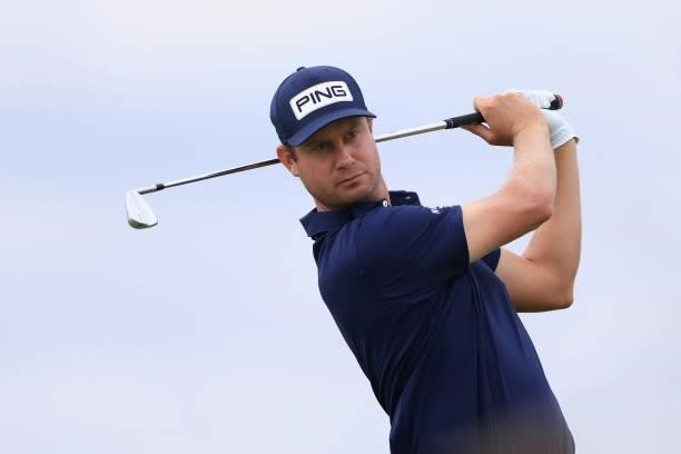 Harry English of The United States tees off on the 5th hole during Day One of The 149th Open at Royal St George’s Golf Club on July 15, 2021 in...