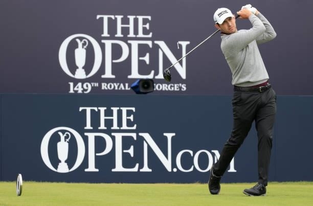 Patrick Cantlay of the United States plays his shot from the first tee during Day One of The 149th Open at Royal St George’s Golf Club on July 15,...