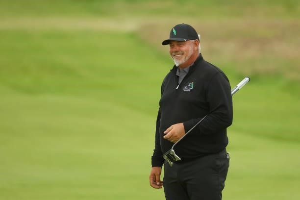 Darren Clarke of Northern Ireland reacts on the 18th hole during Day One of The 149th Open at Royal St George’s Golf Club on July 15, 2021 in...