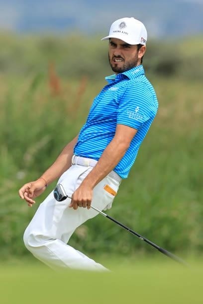 Abraham Ancer of Mexico reacts on the 14th green during Day One of The 149th Open at Royal St George’s Golf Club on July 15, 2021 in Sandwich,...