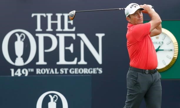Francesco Molinari of Italy plays his shot from the first tee during Day One of The 149th Open at Royal St George’s Golf Club on July 15, 2021 in...