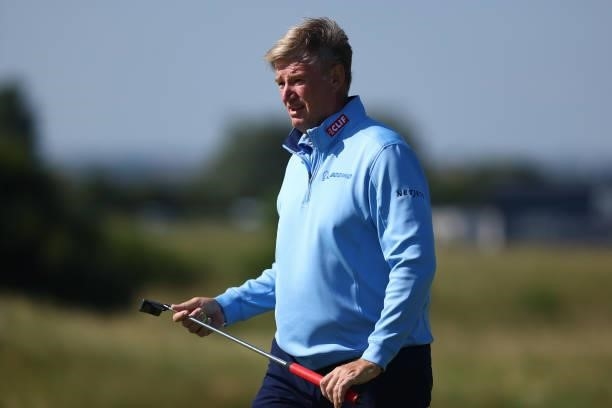 Ernie Els of South Africa looks on on the 2nd green during Day One of The 149th Open at Royal St George’s Golf Club on July 15, 2021 in Sandwich,...