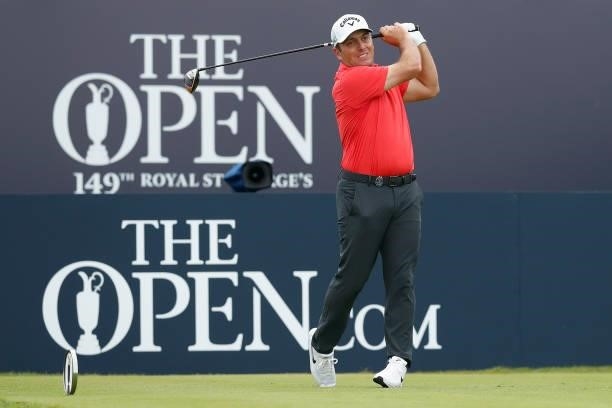 Francesco Molinari of Italy plays his shot from the first tee during Day One of The 149th Open at Royal St George’s Golf Club on July 15, 2021 in...