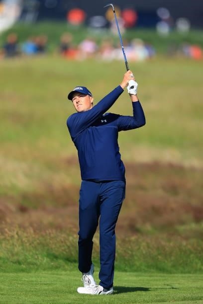 Jordan Speith of United States plays his second shot on the 1st hole during Day One of The 149th Open at Royal St George’s Golf Club on July 15, 2021...
