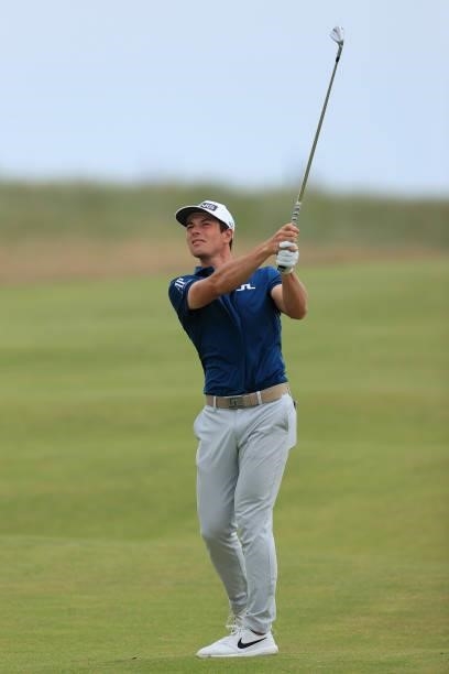 Viktor Hovland of Norway plays his third shot on the 18th hole during Day One of The 149th Open at Royal St George’s Golf Club on July 15, 2021 in...