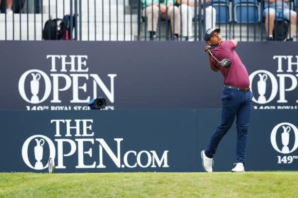 Sebastian Munoz of Colombia plays his shot from the first tee during Day One of The 149th Open at Royal St George’s Golf Club on July 15, 2021 in...