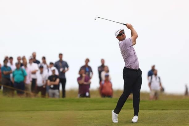 Justin Rose of England plays his second shot on the 8th hole during Day One of The 149th Open at Royal St George’s Golf Club on July 15, 2021 in...