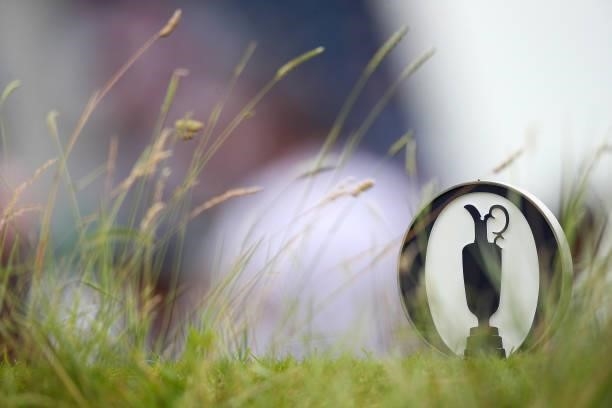 Detailed view of a tee marker with The Golf Champion Trophy logo on is seen during Day One of The 149th Open at Royal St George’s Golf Club on July...