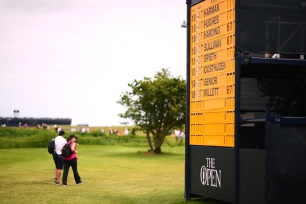 Scoreboard is seen during Day One of The 149th Open at Royal St George’s Golf Club on July 15, 2021 in Sandwich, England.