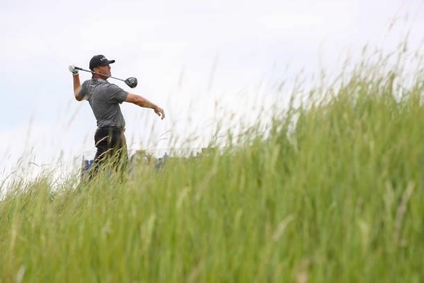 Ryan Palmer of the United States plays a shot on the 18th hole during Day One of The 149th Open at Royal St George’s Golf Club on July 15, 2021 in...