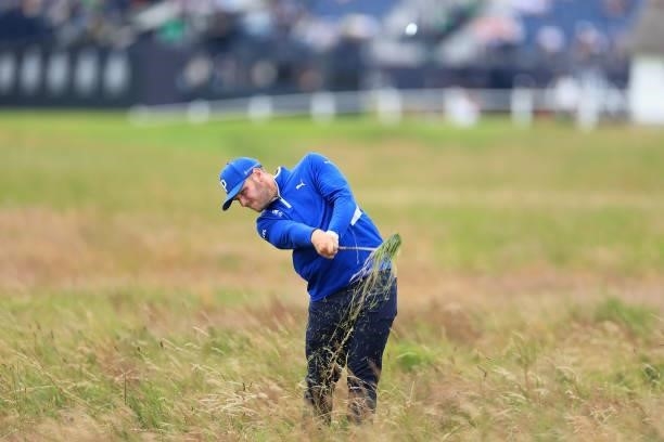 Sam Forgan of England plays his second shot on the 1st hole during Day One of The 149th Open at Royal St George’s Golf Club on July 15, 2021 in...