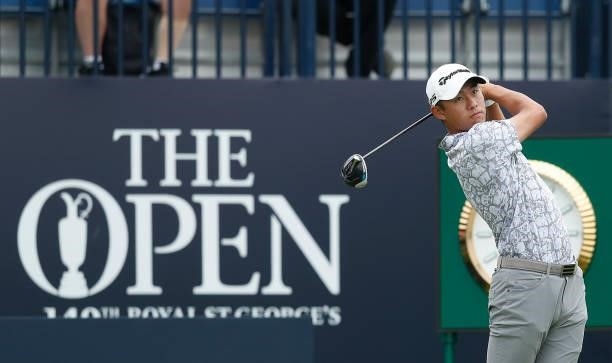 Collin Morikawa of the United States plays his shot from the first tee during Day One of The 149th Open at Royal St George’s Golf Club on July 15,...
