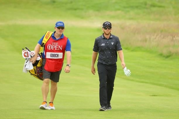 Talor Gooch of the United States makes his way along the 18th hole during Day One of The 149th Open at Royal St George’s Golf Club on July 15, 2021...